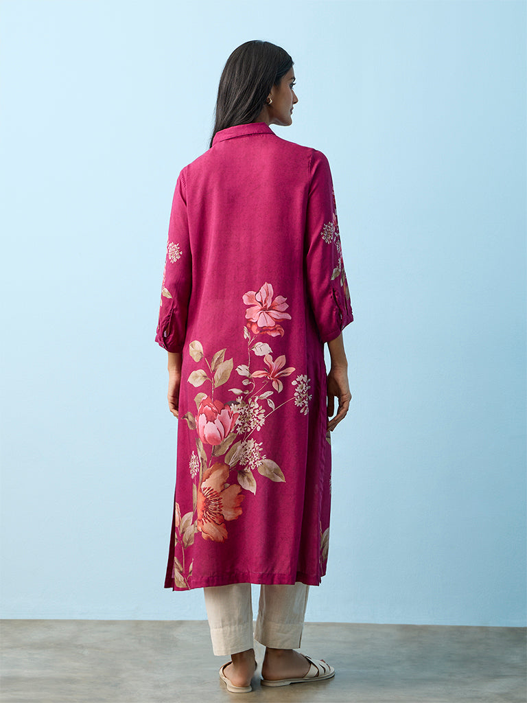 Utsa Magenta Floral Printed A-Line Kurta