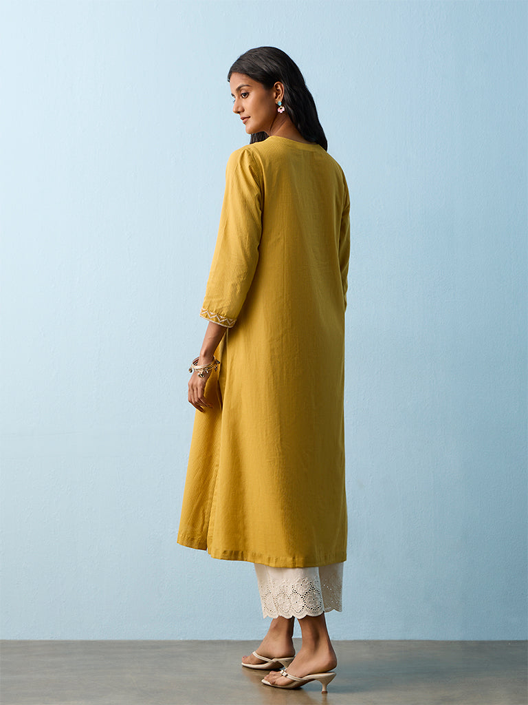 Utsa Yellow Geometric Embroidered Cotton A-Line Kurta