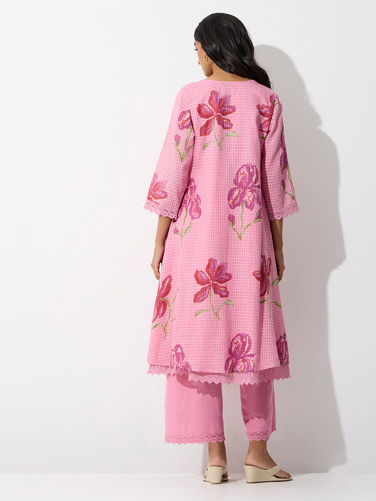 Utsa Pink Floral Pattern Cotton A-Line Kurta
