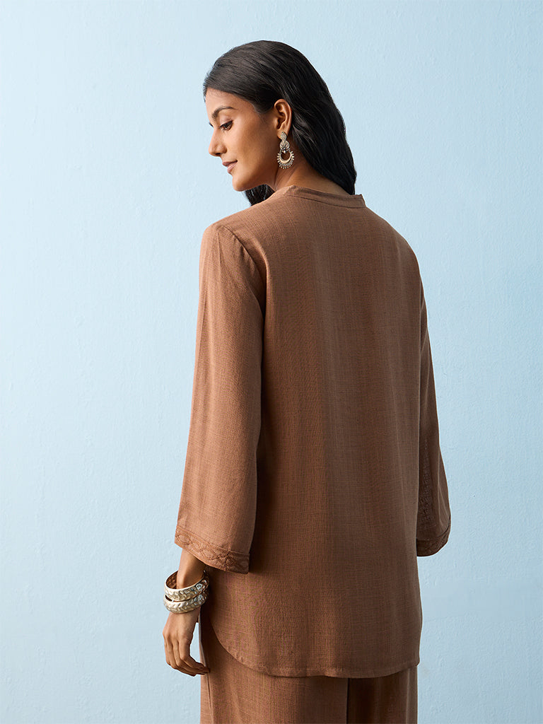 Utsa Brown Botanical Embroidered Tunic
