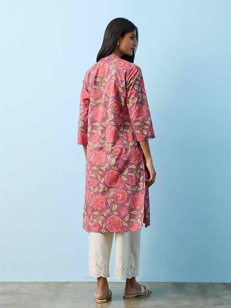 Utsa Pink Floral Printed Cotton A-Line Kurta