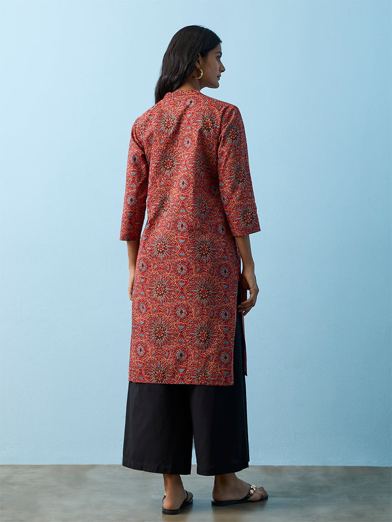 Utsa Red Floral Printed Cotton A-Line Kurta