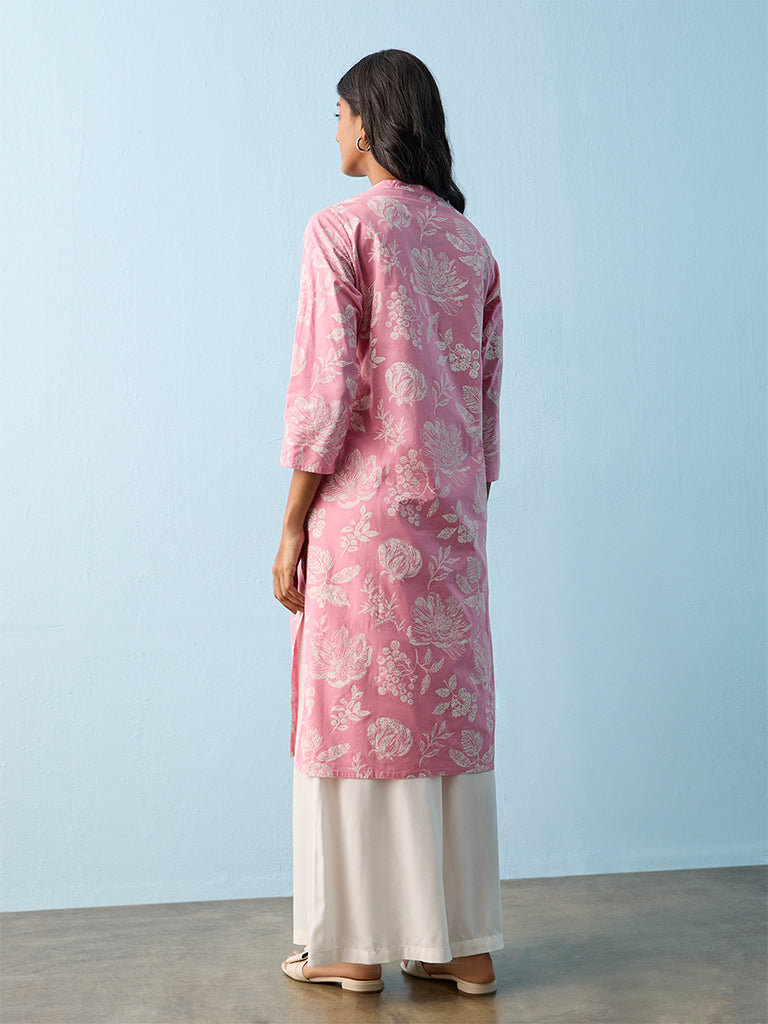 Utsa Pink Floral Printed Cotton Straight Kurta