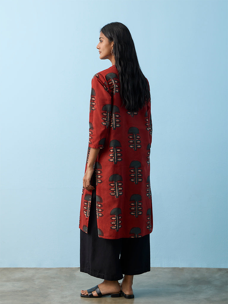 Utsa Red Mushroom Printed Cotton A-Line Kurta