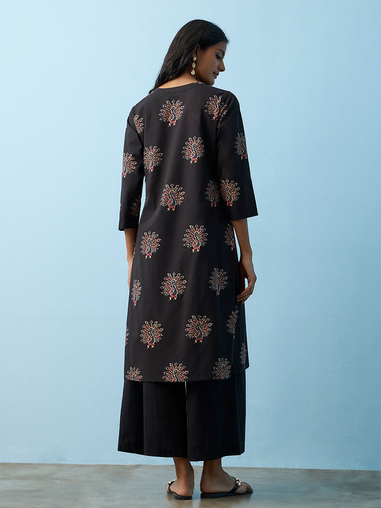 Utsa Black Peacock Printed Cotton Straight Kurta