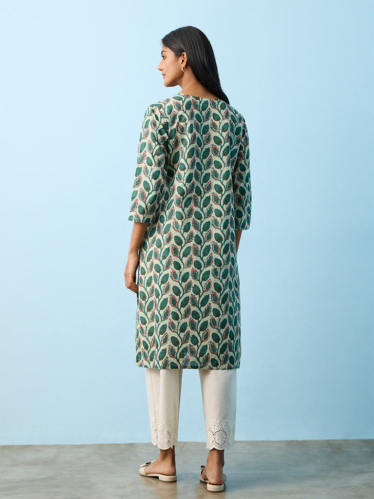 Utsa Green Botanical Printed A-Line Cotton Kurta
