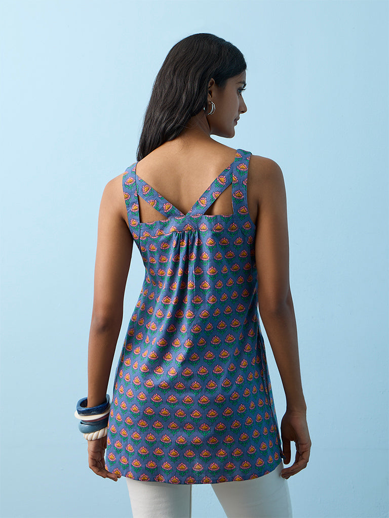 Utsa Blue Floral Printed Cotton Tunic