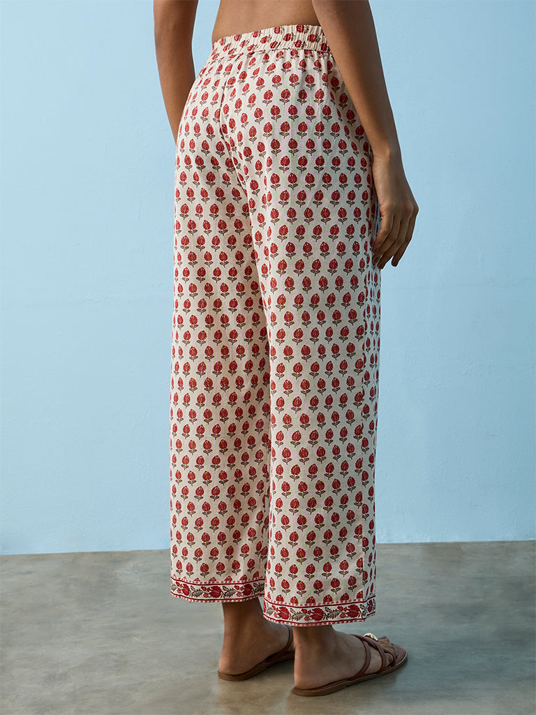 Utsa Beige Floral Printed Cotton-Blend Pants
