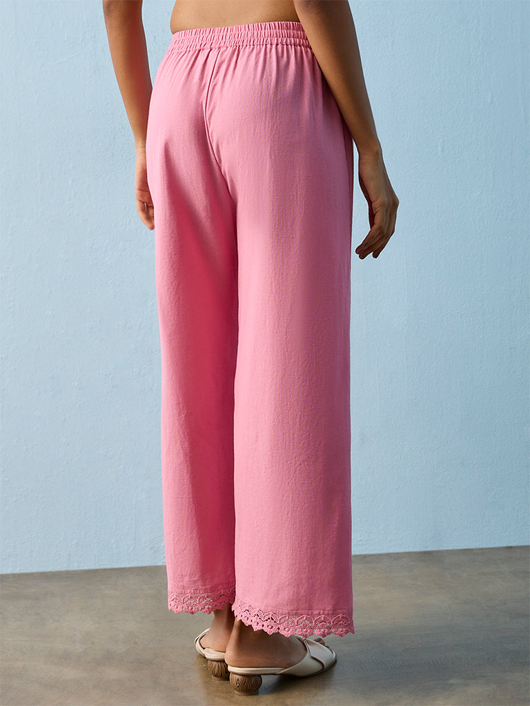 Utsa Pink Floral Lace Detail Cotton Pants