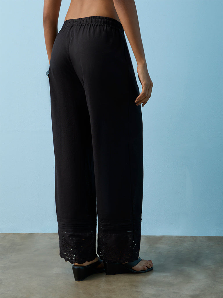 Utsa Black Schiffli Embroidered Cotton-Blend Pants
