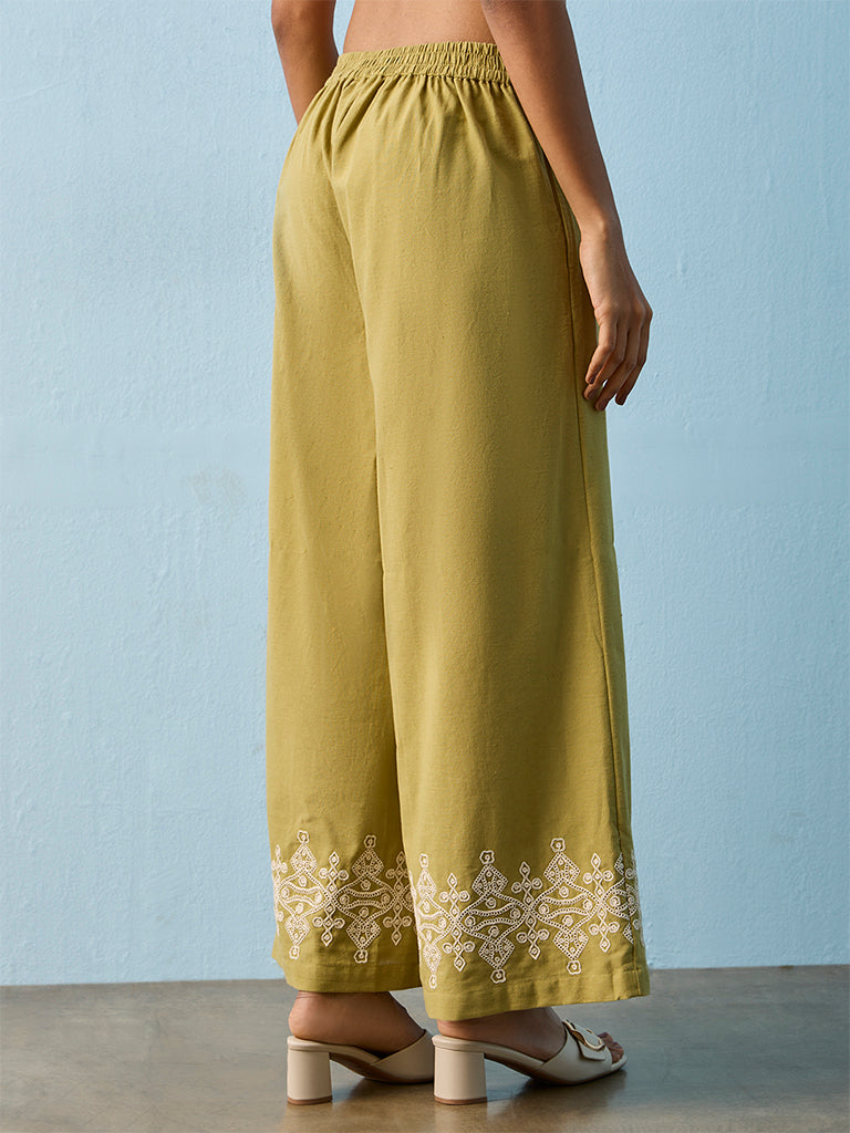 Utsa Green Embroidered Cotton Pants