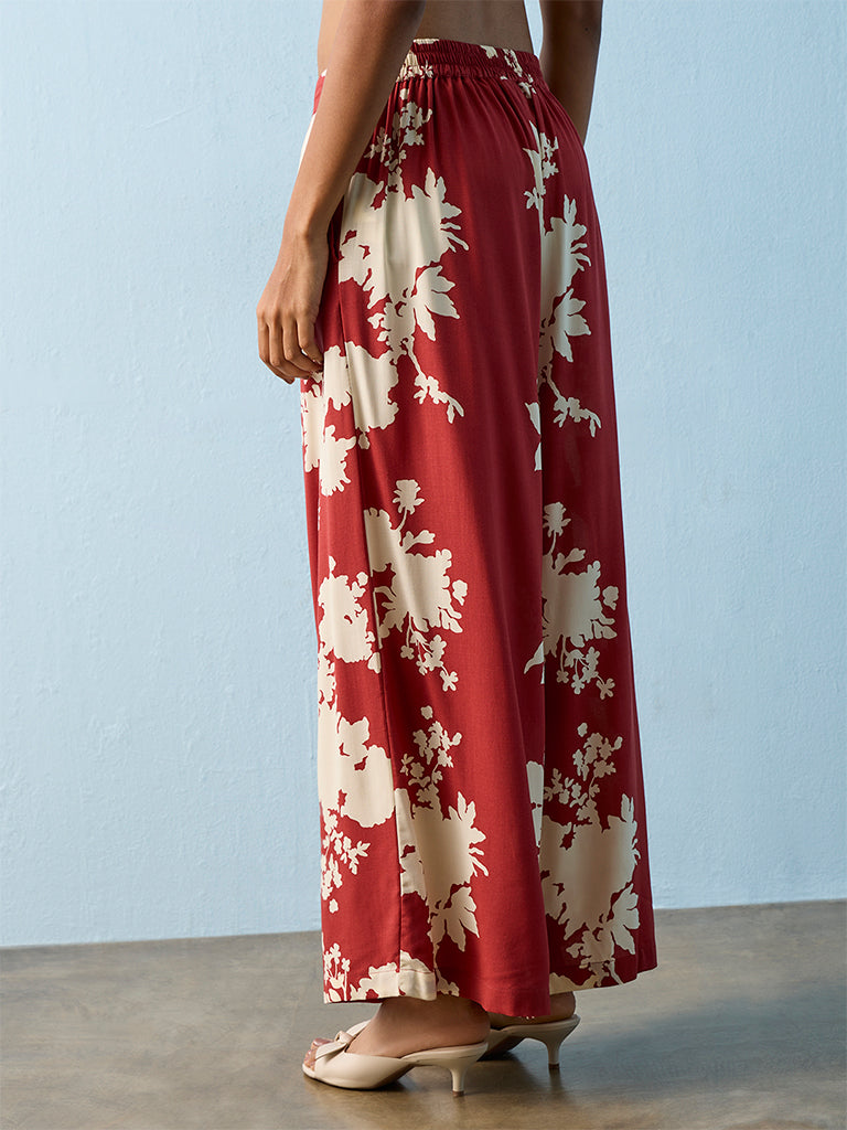 Utsa Red Floral Printed Pants