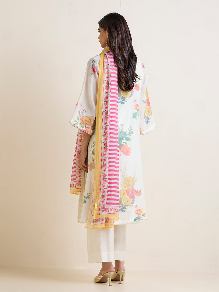 Vark White Floral Printed A-Line Ethnic Set