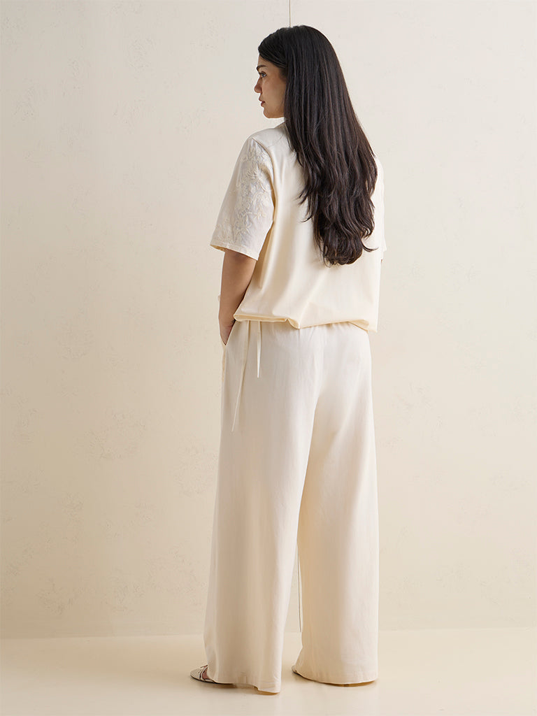 Gia Cream Floral Embroidered High-Rise Cotton-Blend Pants