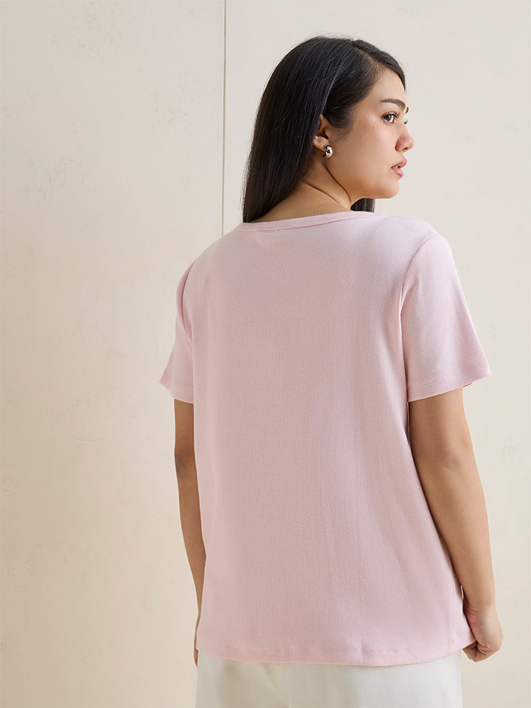 Gia Light Pink Ribbed-Textured Cotton-Blend T-Shirt