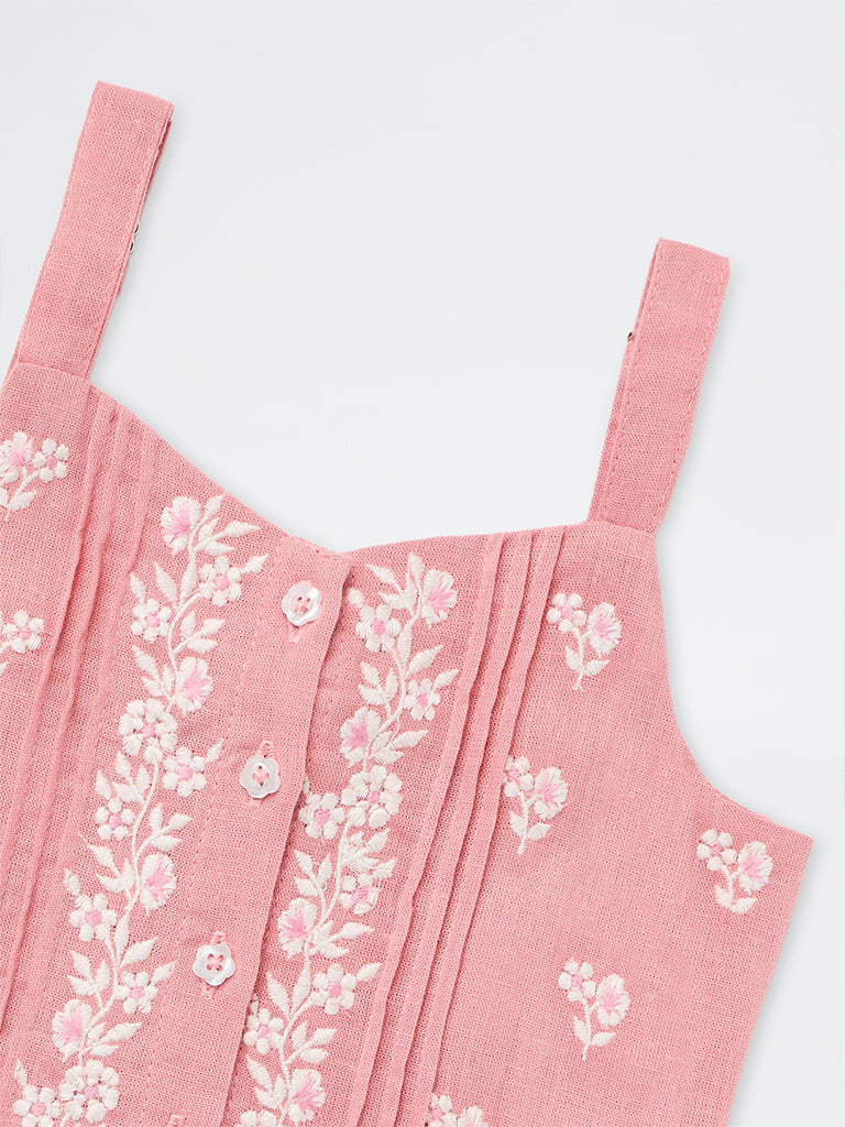 Utsa Kids Girls Peach Floral Embroidered Cotton-Blend Top - (2-8 yrs)