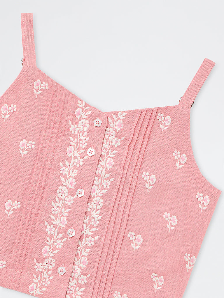 Utsa Kids Girls Pink Floral Embroidered Cotton-Blend Top (8 - 14 yrs)