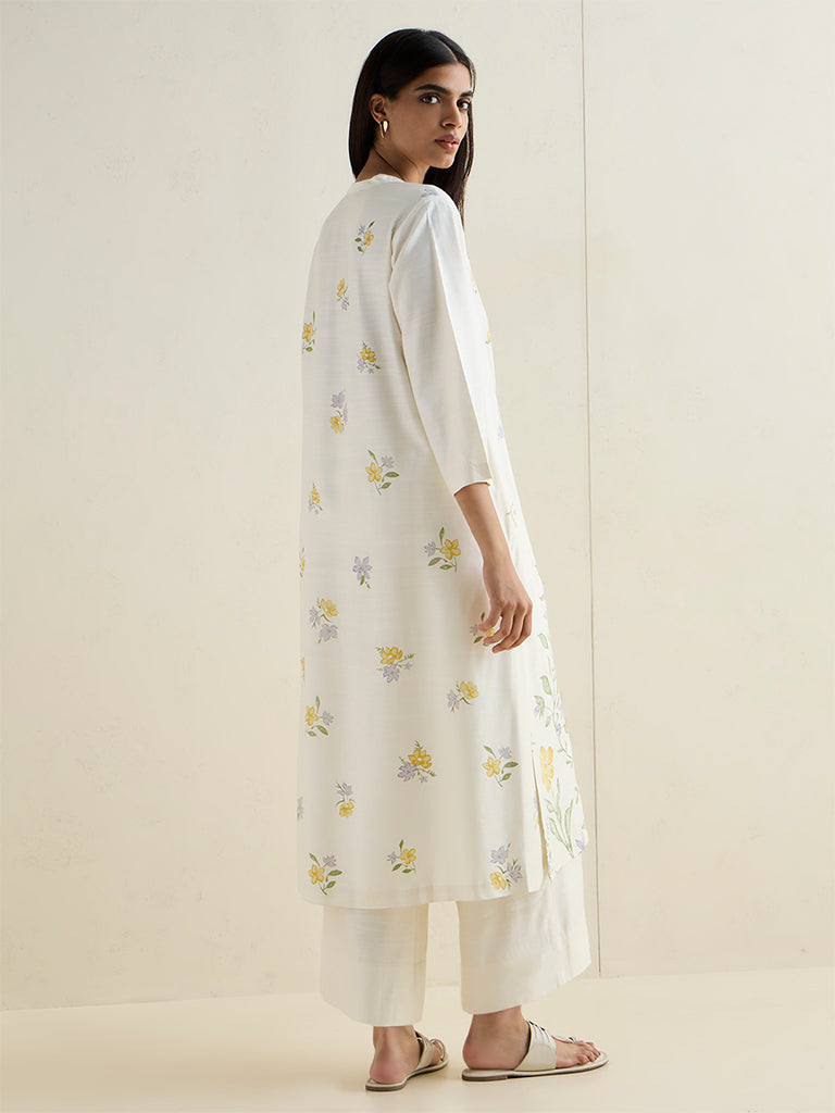 Zuba White Foliage Pattern Silk-Blend A-Line Kurta
