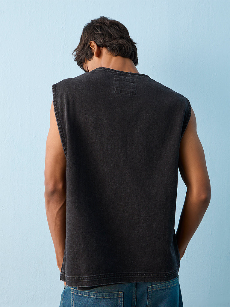 Nuon Dark Charcoal Multi-Pocket Relaxed-Fit Denim Jacket