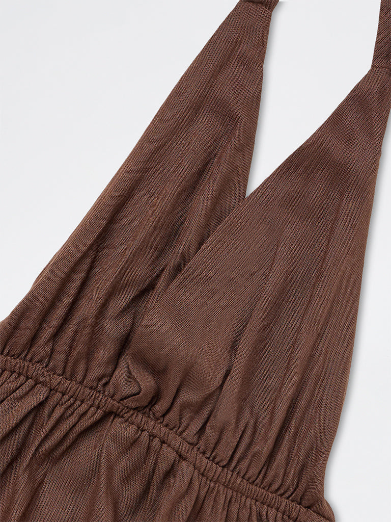 Girls Brown Solid Halter-Neck Top