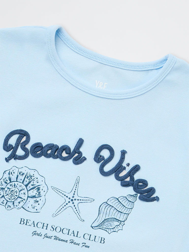 Girls Blue Beach-Inspired Cotton-Blend T-Shirt