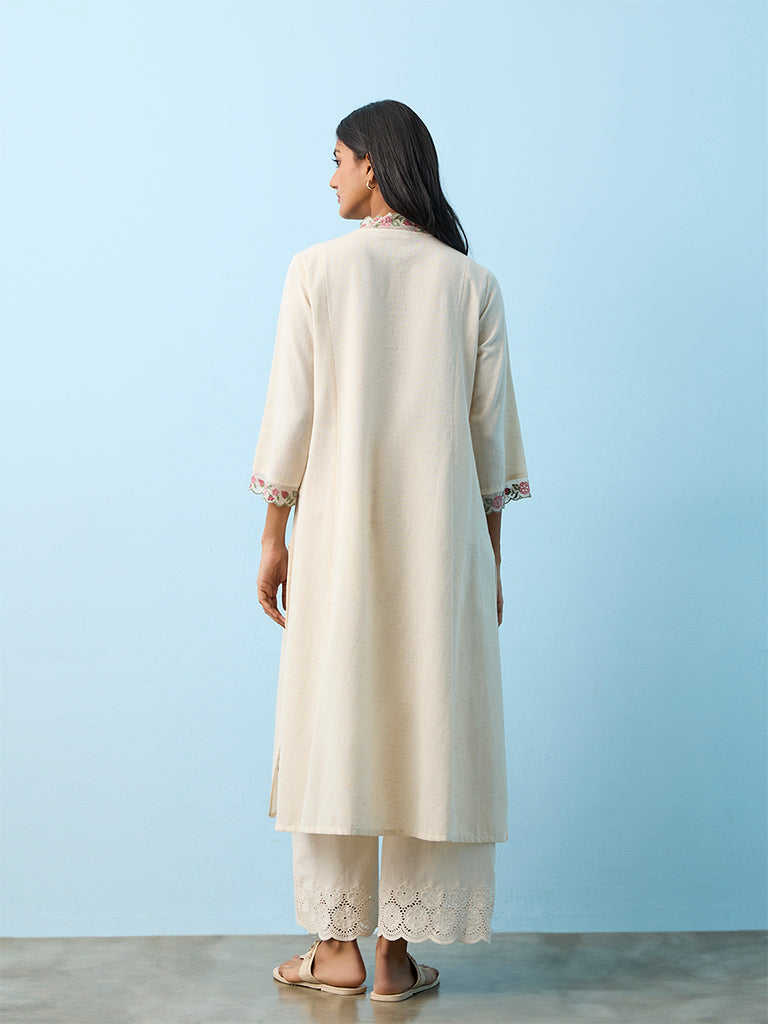Utsa Off-White Floral Embroidered Cotton-Blend A-Line Kurta