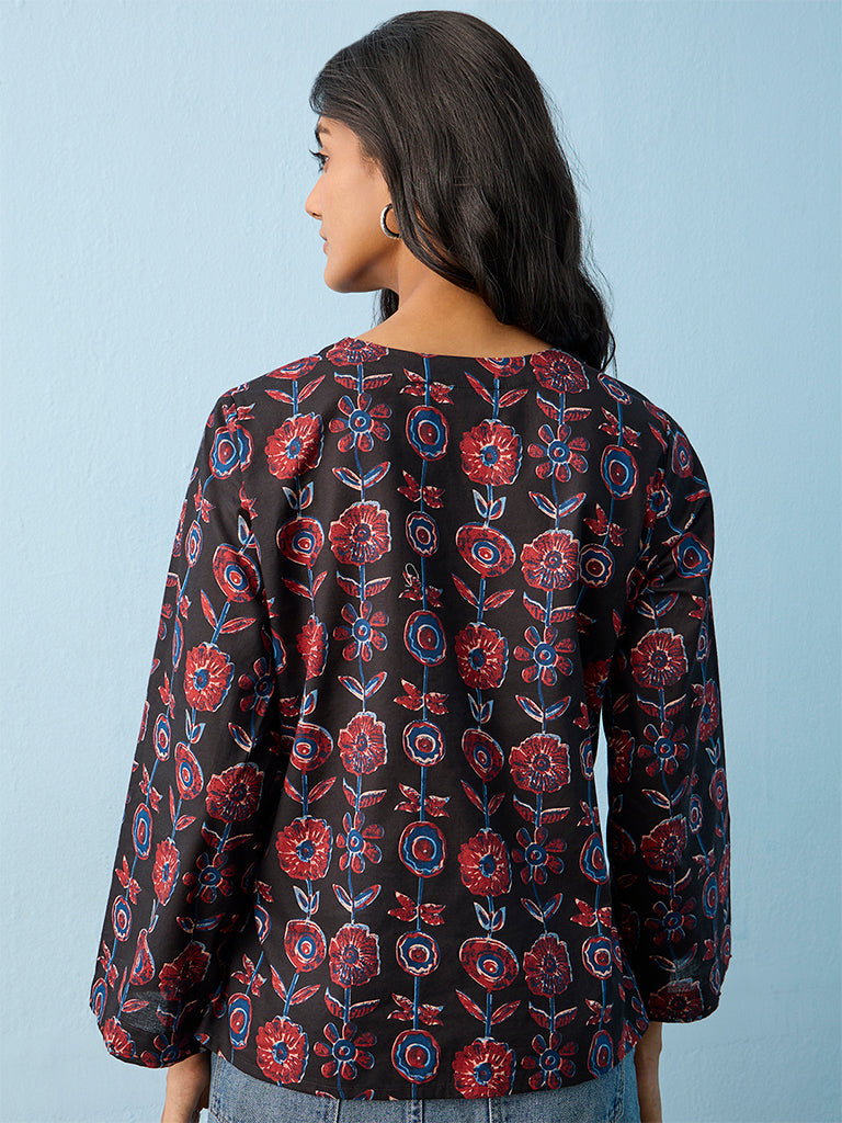 Utsa Black Floral Printed Cotton Tunic