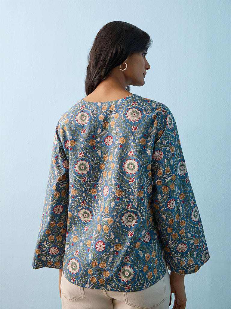 Utsa Blue Floral Printed Cotton Tunic