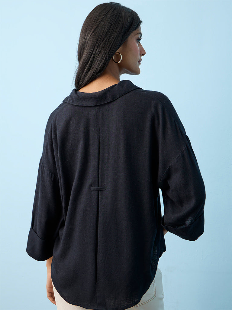 LOV Black Floral Embroidered Shirt