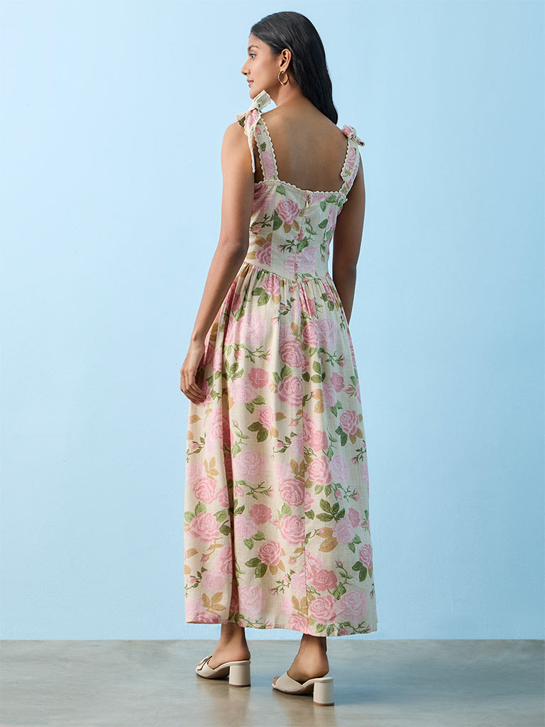 LOV Light Pink Floral Printed Linen-Blend A-Line Dress