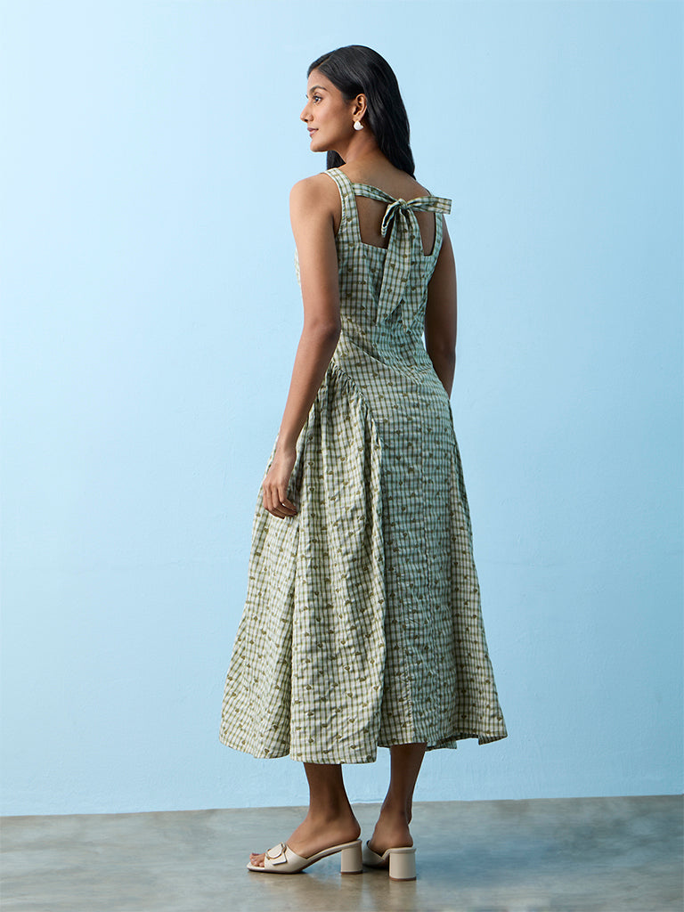 LOV Green Heart Embroidered Cotton-Blend A-Line Dress