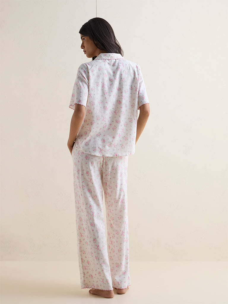 Wunderlove Ivory Floral Printed Cotton Shirt and Pyjamas Set