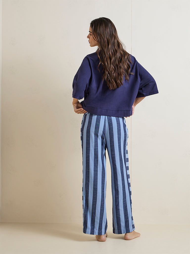 Wunderlove Blue Striped High-Rise Cotton-Blend Pants