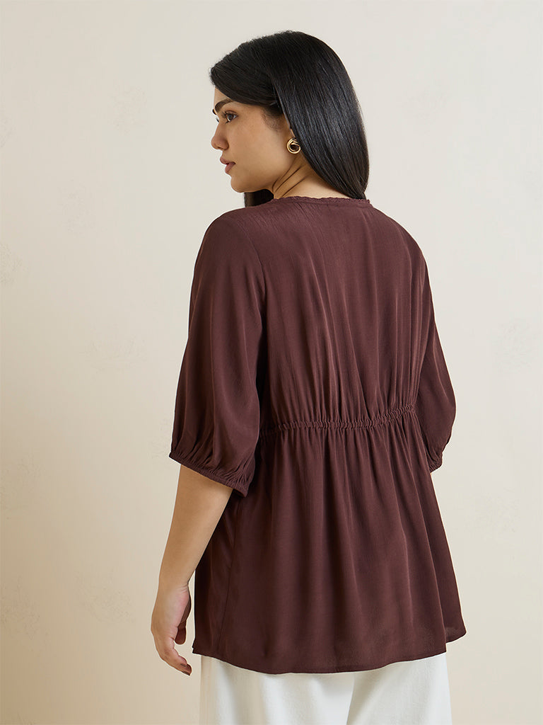 Gia Dark Brown Solid Peplum Blouse