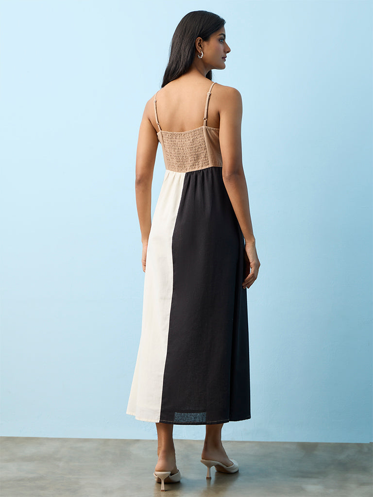 LOV Beige Colour-Blocked Knot-Detail A-Line Dress