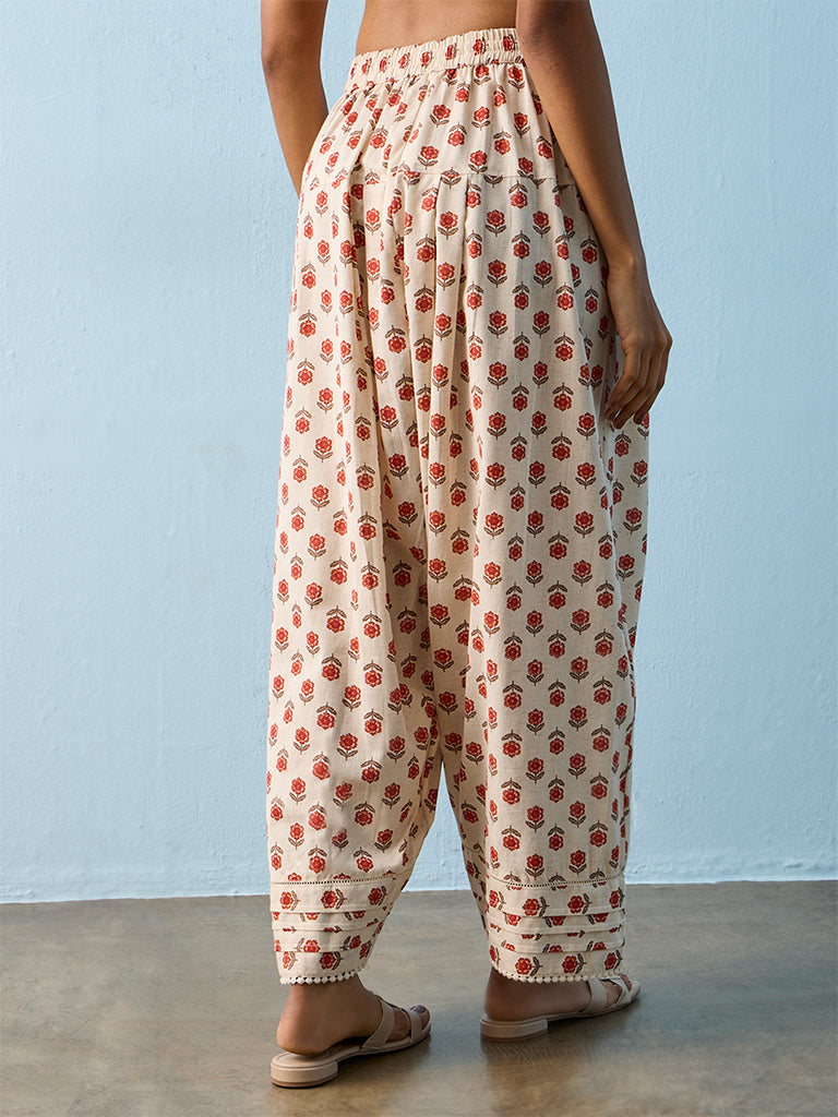 Utsa White Floral Printed Cotton-Blend Pants