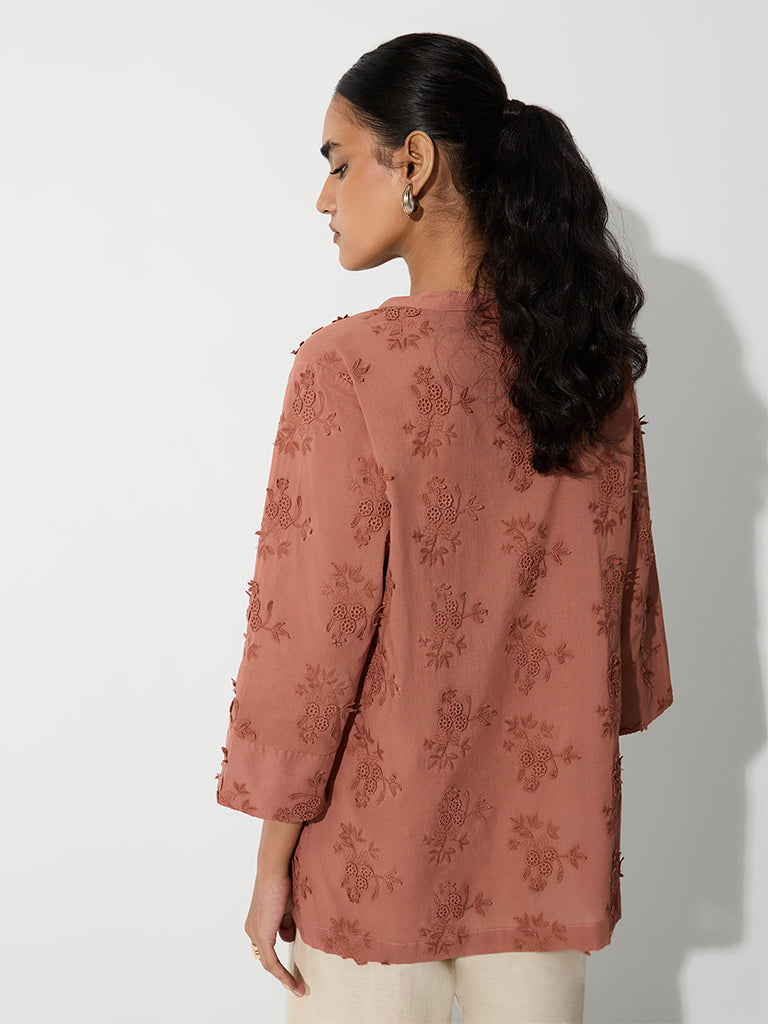 Zuba Brown Floral Embroidered Cotton Tunic