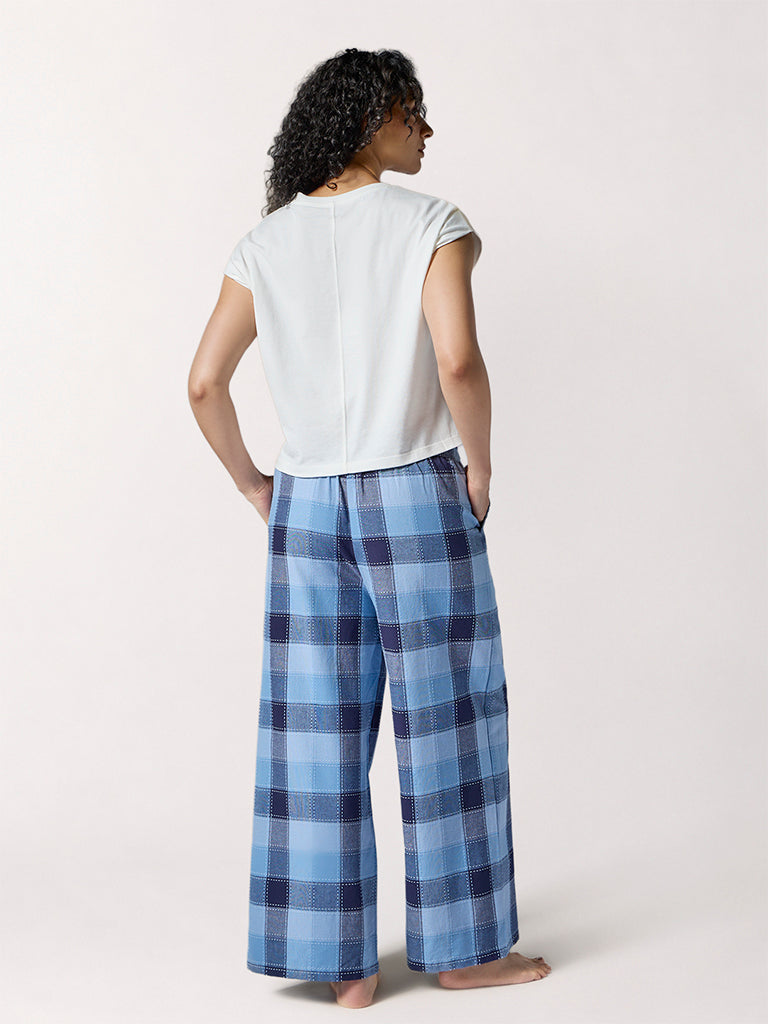 Wunderlove Blue Checkered High-Rise Cotton Pants