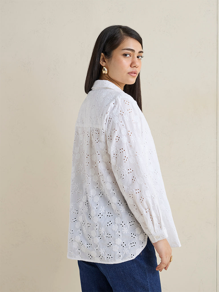 Gia White Schiffli Embroidered Cotton Shirt