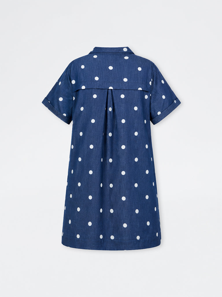 Gia Blue Polka Dot Printed Straight Denim Dress