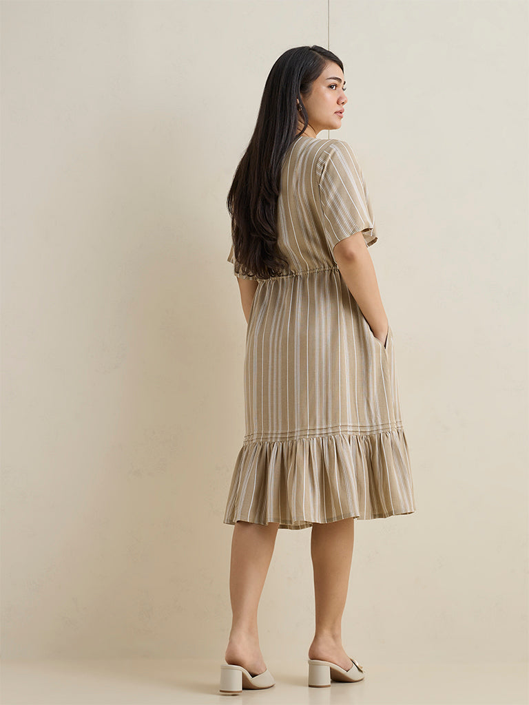 Gia Beige Striped A-Line Dress