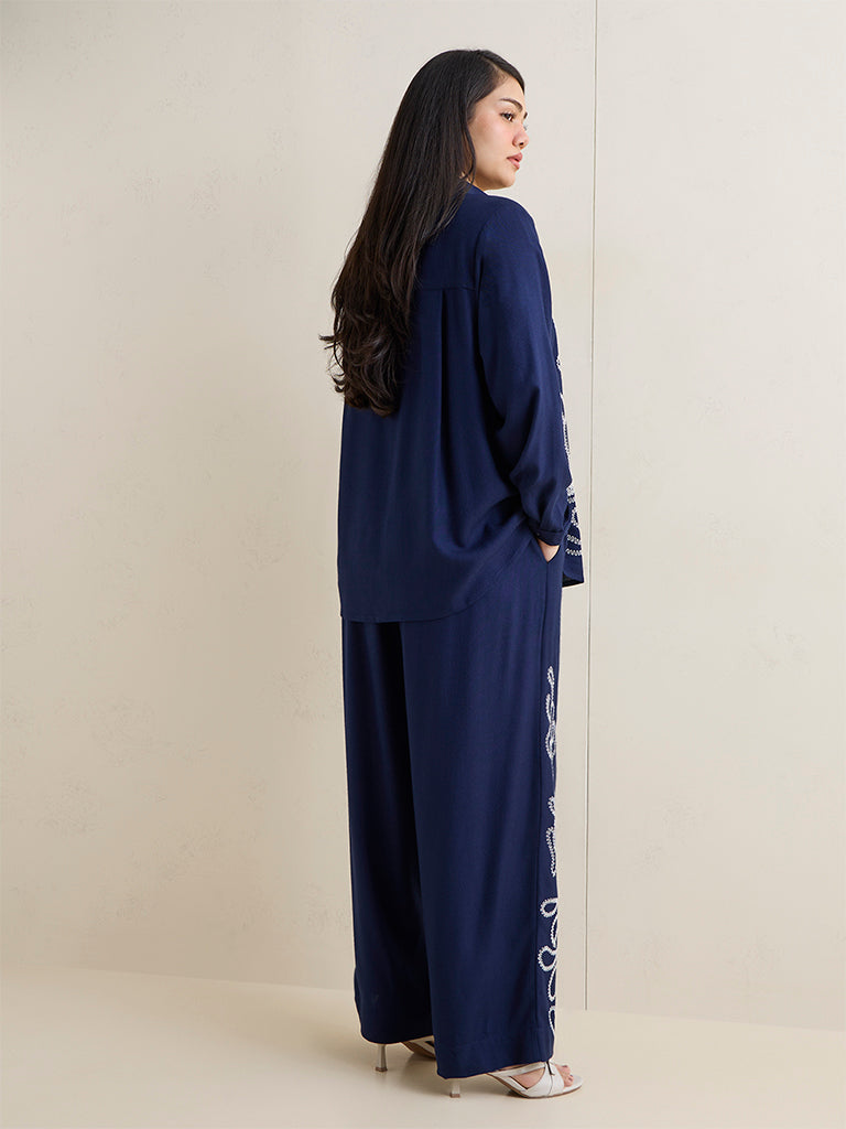 Gia Navy Embroidered High-Rise Trousers