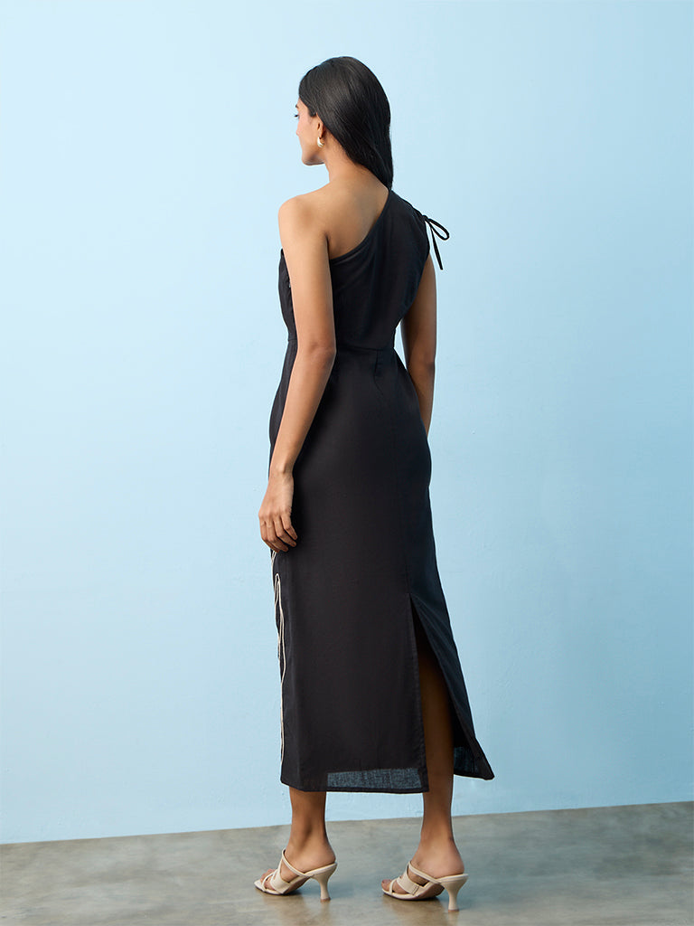 LOV Black Floral Embroidered One-Shoulder Cotton-Blend A-Line Dress