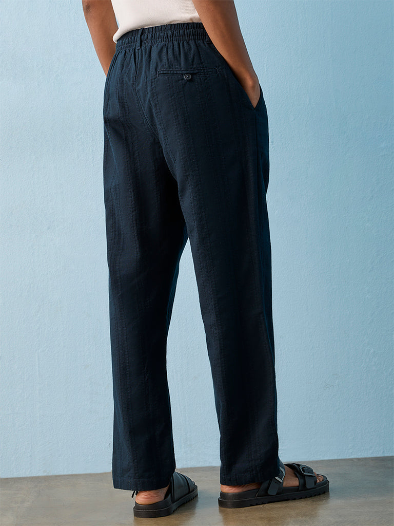 ETA Navy Stripe Embroidered Relaxed-Fit Mid-Rise Cotton Chinos