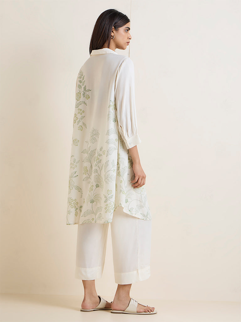 Zuba White Floral Printed A-Line Kurta