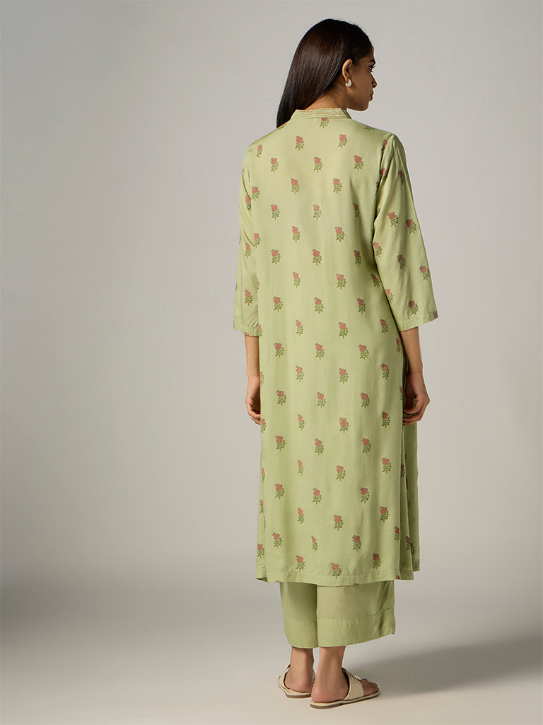 Zuba Light Green Floral Printed A-Line Kurta