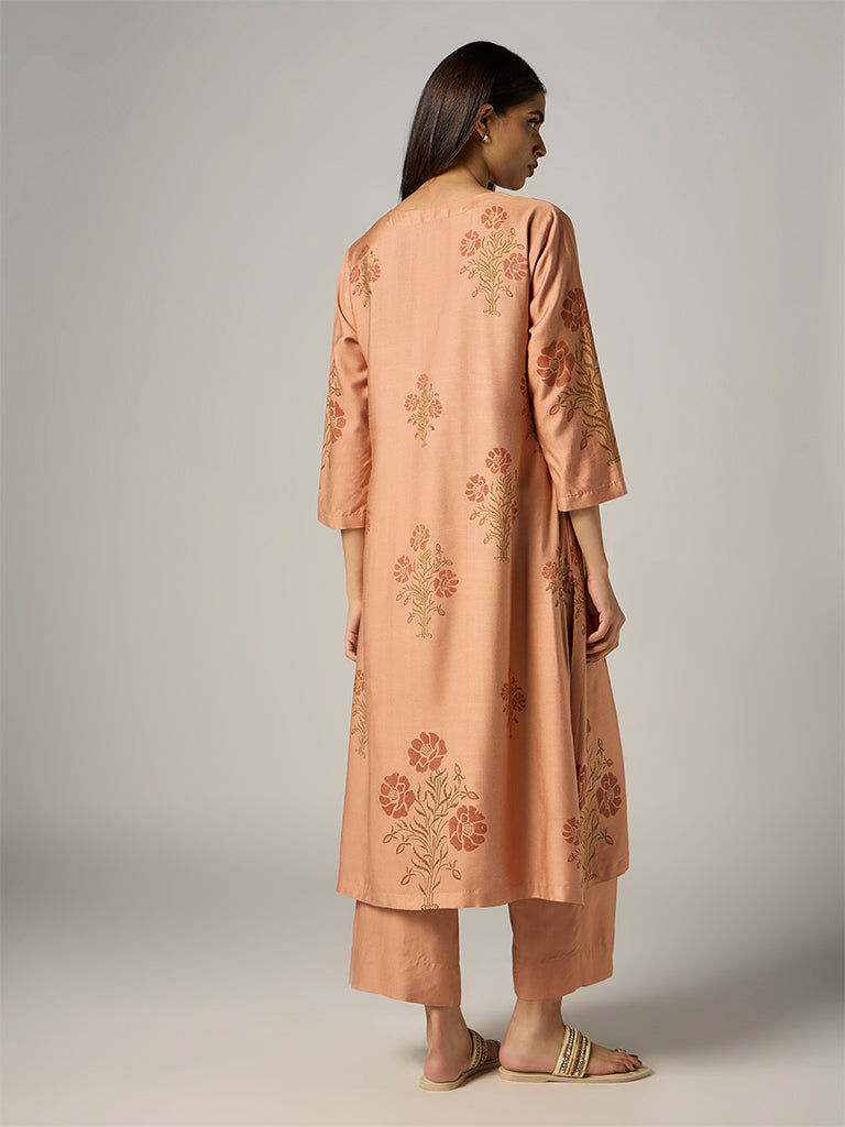 Zuba Peach Floral Pattern Cotton-Blend A-Line Kurta