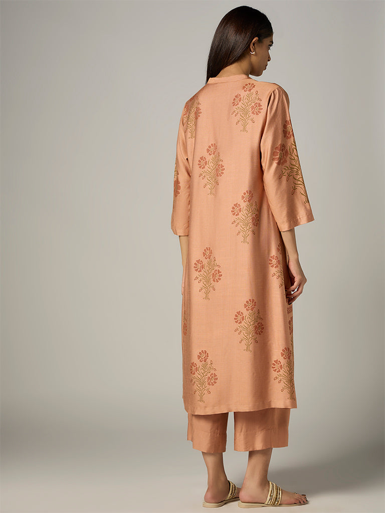Zuba Peach Floral Printed A-Line Kurta