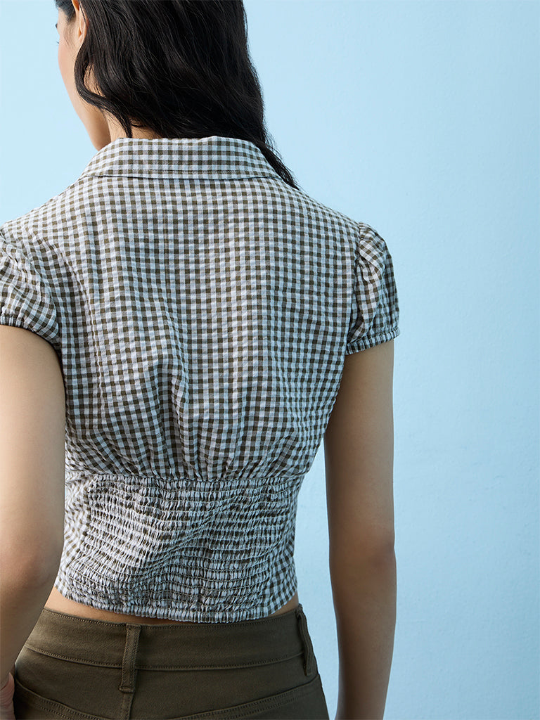 Nuon Olive Gingham Checkered Cotton Top