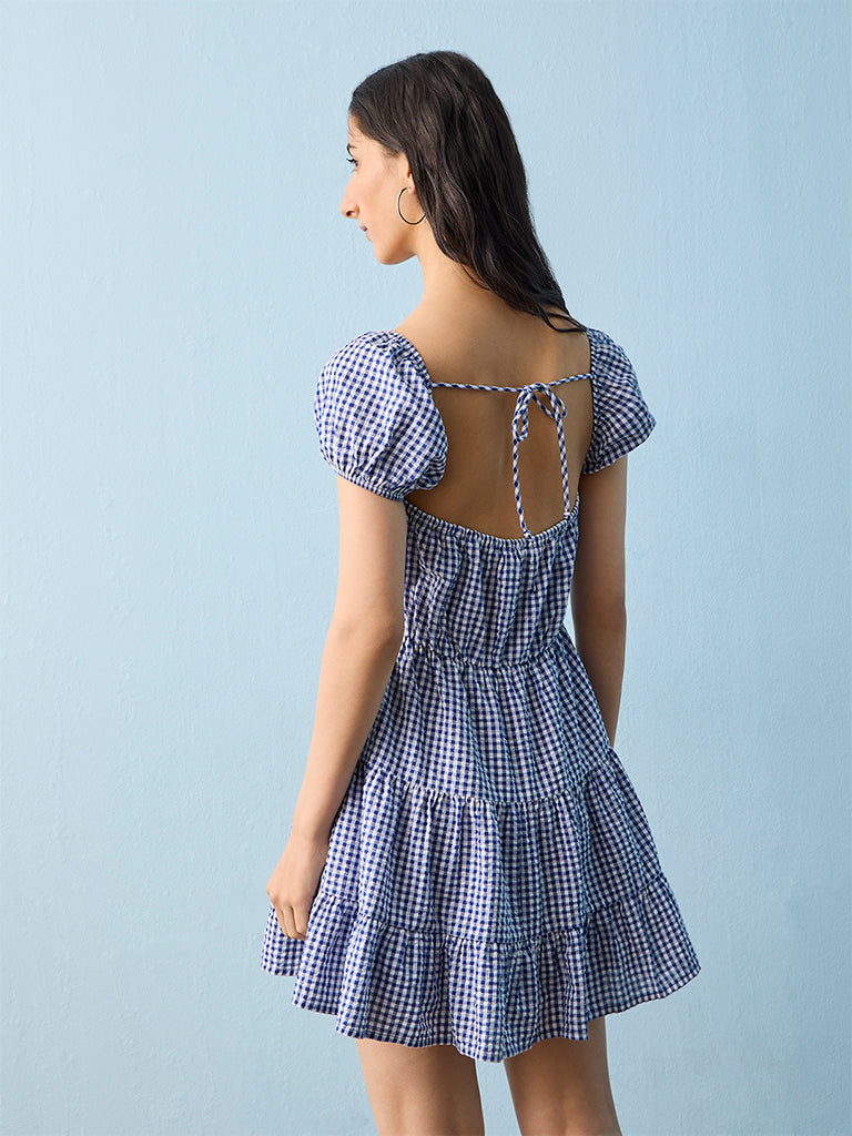 Nuon Blue Gingham Checkered Tiered Dress